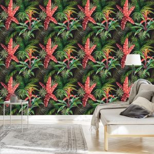 Papier Peint Feuilles De Palmier Et Fleurs Exotiques – Image 3