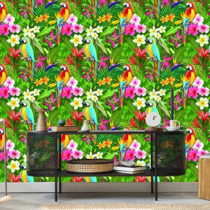 Papier Peint Feuilles Et Fleurs De Perroquets Tropicaux – Image 5