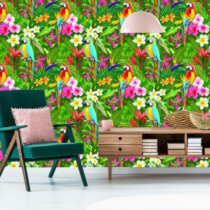 Papier Peint Feuilles Et Fleurs De Perroquets Tropicaux – Image 6