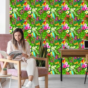 Papier Peint Feuilles Et Fleurs De Perroquets Tropicaux – Image 7