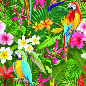 Papier Peint Feuilles Et Fleurs De Perroquets Tropicaux – Image 1