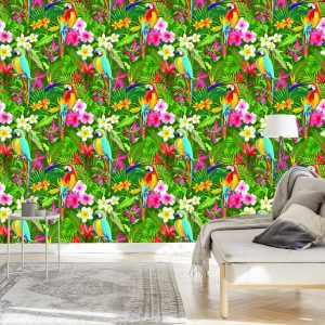 Papier Peint Feuilles Et Fleurs De Perroquets Tropicaux – Image 3