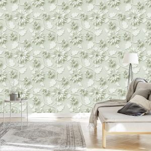 Papier Peint Chrysanthèmes Tridimensionnels Avec Feuilles – Image 3