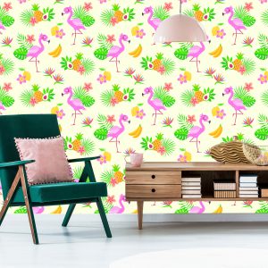 Papier Peint Pour Les Enfants - Flamants Roses Et Plantes Exotiques – Image 6