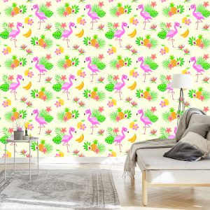 Papier Peint Pour Les Enfants - Flamants Roses Et Plantes Exotiques – Image 3