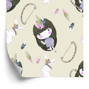 Papier Peint Bébés Filles Avec Des Lapins Et Des Plumes – Image 2