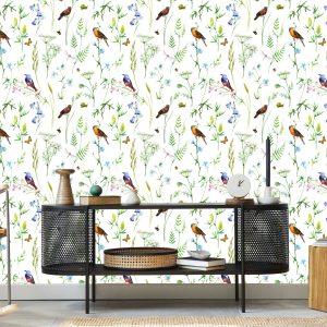 Papier Peint Pour Le Salon, Oiseaux, Fleurs, Feuilles, Nature, Papillons – Image 5