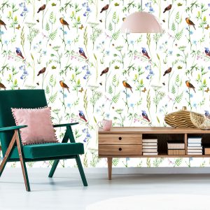 Papier Peint Pour Le Salon, Oiseaux, Fleurs, Feuilles, Nature, Papillons – Image 6