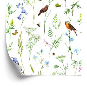 Papier Peint Pour Le Salon, Oiseaux, Fleurs, Feuilles, Nature, Papillons – Image 2