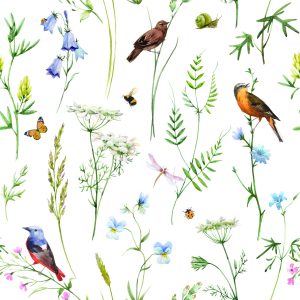 Papier Peint Pour Le Salon, Oiseaux, Fleurs, Feuilles, Nature, Papillons – Image 1