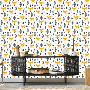 Papier Peint Pour Les Enfants - Renards Endormis Et Feuilles Noires Et Blanches – Image 5