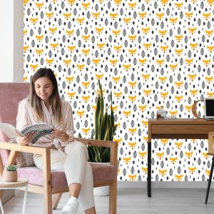 Papier Peint Pour Les Enfants - Renards Endormis Et Feuilles Noires Et Blanches – Image 7