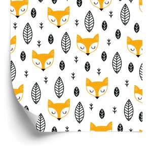 Papier Peint Pour Les Enfants - Renards Endormis Et Feuilles Noires Et Blanches – Image 2