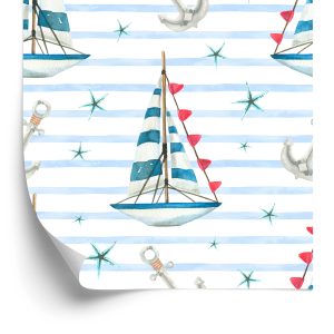 Papier Peint Voiliers Et Étoiles De Mer Peints À L'aquarelle – Image 2
