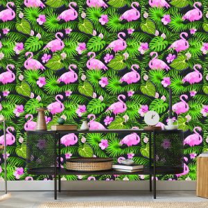 Papier Peint Tropical - Feuilles Et Fleurs De Flamants Roses – Image 5