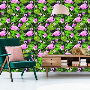 Papier Peint Tropical - Feuilles Et Fleurs De Flamants Roses – Image 6