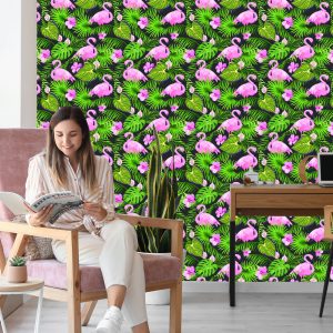 Papier Peint Tropical - Feuilles Et Fleurs De Flamants Roses – Image 7