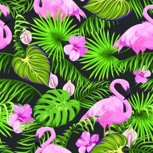 Papier Peint Tropical - Feuilles Et Fleurs De Flamants Roses – Image 1