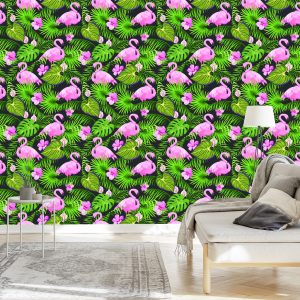 Papier Peint Tropical - Feuilles Et Fleurs De Flamants Roses – Image 3