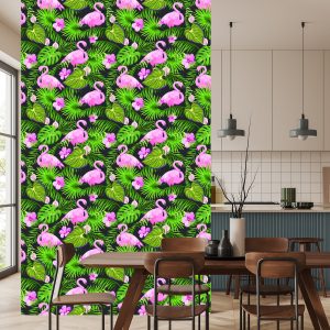 Papier Peint Tropical - Feuilles Et Fleurs De Flamants Roses – Image 4