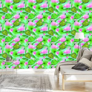 Papier Peint Fleurs De Flamants Roses Et Feuilles Tropicales – Image 3