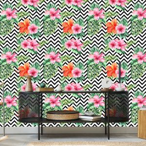 Papier Peint Feuilles Et Fleurs Exotiques Sur Fond Noir - Blanc – Image 5