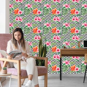 Papier Peint Feuilles Et Fleurs Exotiques Sur Fond Noir - Blanc – Image 7
