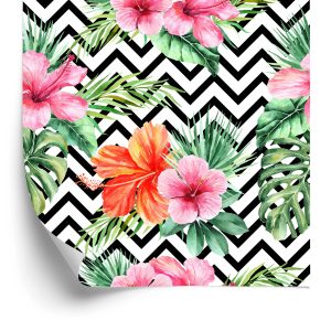 Papier Peint Feuilles Et Fleurs Exotiques Sur Fond Noir - Blanc – Image 2