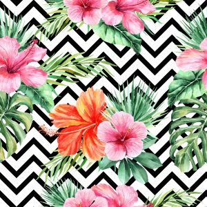 Papier Peint Feuilles Et Fleurs Exotiques Sur Fond Noir - Blanc – Image 1