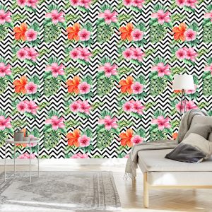 Papier Peint Feuilles Et Fleurs Exotiques Sur Fond Noir - Blanc – Image 3