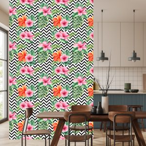 Papier Peint Feuilles Et Fleurs Exotiques Sur Fond Noir - Blanc – Image 4