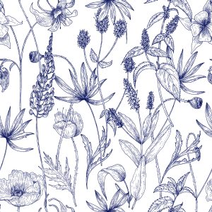 Papier Peint Rétro - Fleurs Et Herbes Sauvages Dessinées À La Main – Image 1