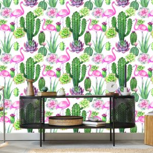 Papier Peint Tropical - Flamants Roses, Cactus Et Plantes Succulentes – Image 5