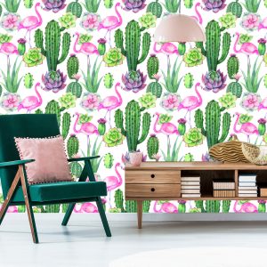 Papier Peint Tropical - Flamants Roses, Cactus Et Plantes Succulentes – Image 6