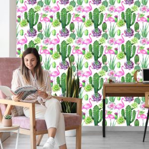 Papier Peint Tropical - Flamants Roses, Cactus Et Plantes Succulentes – Image 7