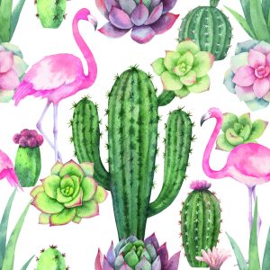 Papier Peint Tropical - Flamants Roses, Cactus Et Plantes Succulentes – Image 1