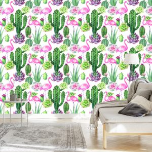 Papier Peint Tropical - Flamants Roses, Cactus Et Plantes Succulentes – Image 3