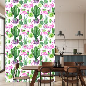 Papier Peint Tropical - Flamants Roses, Cactus Et Plantes Succulentes – Image 4