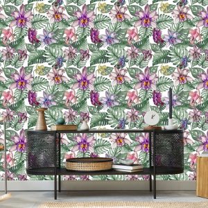 Papier Peint Fleurs D'orchidées Colorées Et Feuilles De Monstera – Image 5