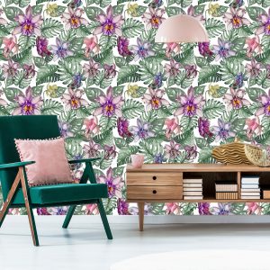 Papier Peint Fleurs D'orchidées Colorées Et Feuilles De Monstera – Image 6