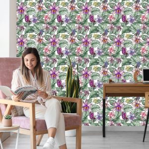 Papier Peint Fleurs D'orchidées Colorées Et Feuilles De Monstera – Image 7