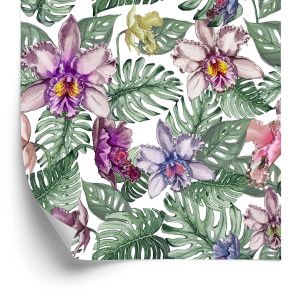 Papier Peint Fleurs D'orchidées Colorées Et Feuilles De Monstera – Image 2