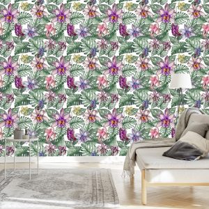 Papier Peint Fleurs D'orchidées Colorées Et Feuilles De Monstera – Image 3