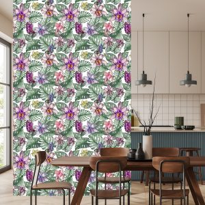 Papier Peint Fleurs D'orchidées Colorées Et Feuilles De Monstera – Image 4