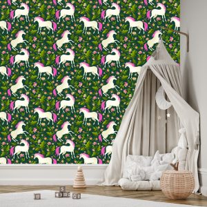 Papier Peint Pour Les Enfants - Licornes Parmi Les Plantes – Image 3