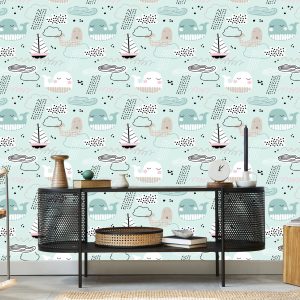 Papier Peint Pour Les Enfants - Baleines, Bateaux, Vagues Et Nuages – Image 5
