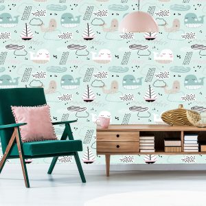 Papier Peint Pour Les Enfants - Baleines, Bateaux, Vagues Et Nuages – Image 6