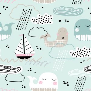 Papier Peint Pour Les Enfants - Baleines, Bateaux, Vagues Et Nuages – Image 1