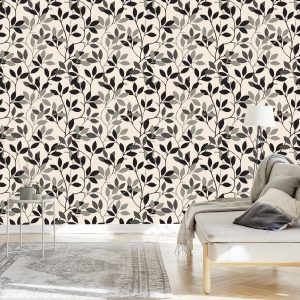 Papier Peint Rétro - Feuilles Dans Les Nuances De Gris – Image 3