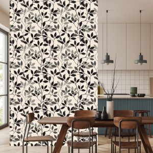 Papier Peint Rétro - Feuilles Dans Les Nuances De Gris – Image 4